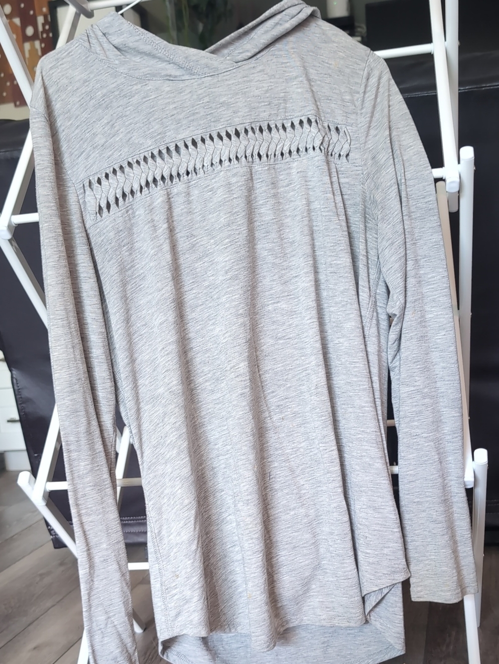 Women’s Lightweight Hooded Top with Woven Detail - Gray